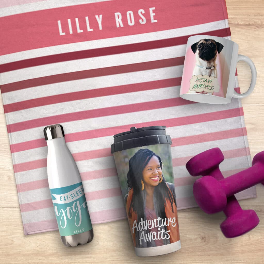 Personalise gym towels, water bottles, reusable office coffee mugs and travel mugs with Snapfish