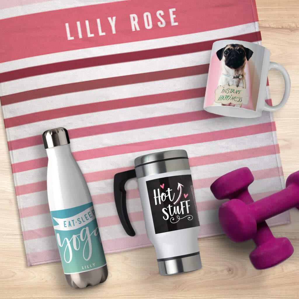 Personalize gym towels, water bottles, reusable office coffee mugs and travel mugs with Snapfish