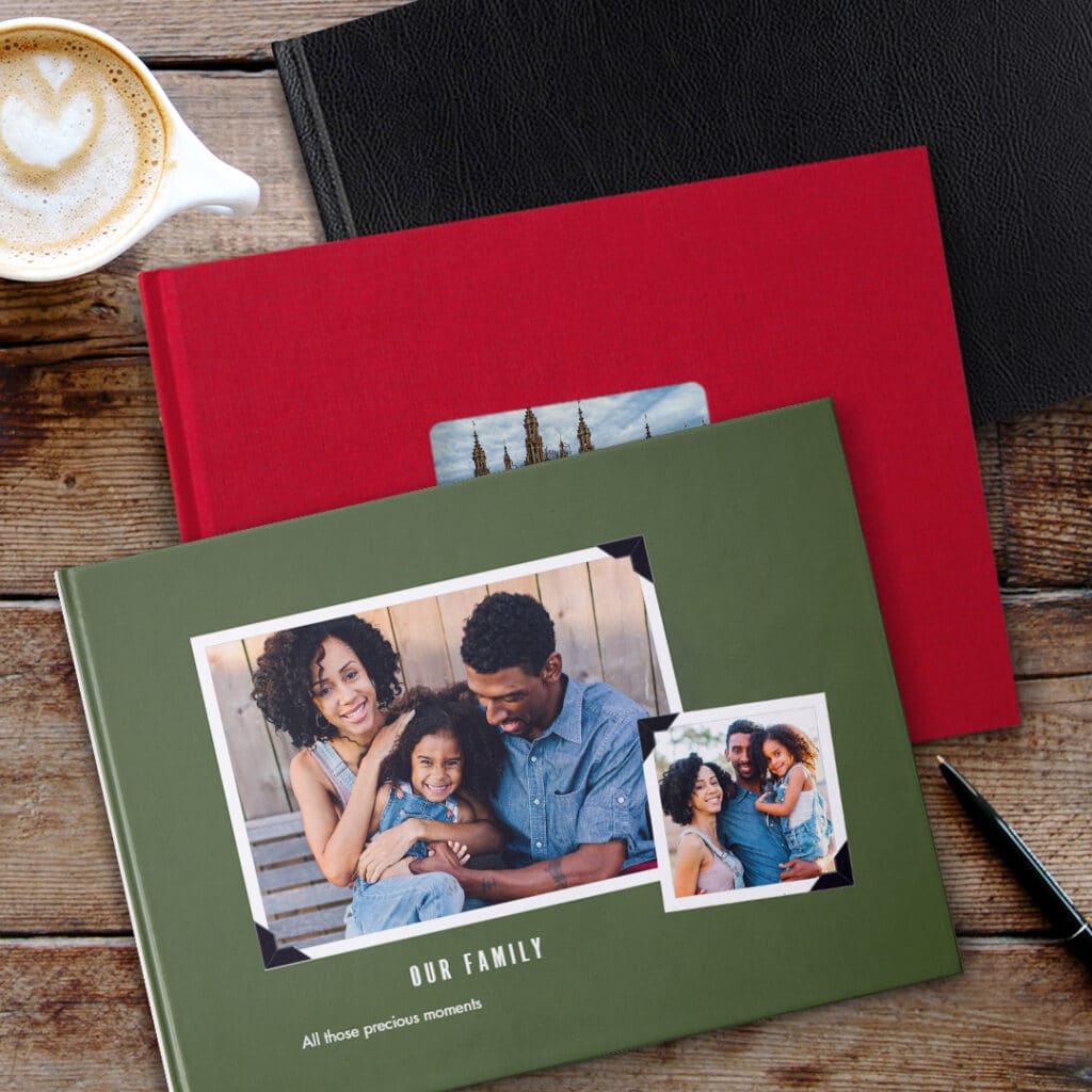 Photo Books can be bound with full photo printed covers or plain leather or linen covers.