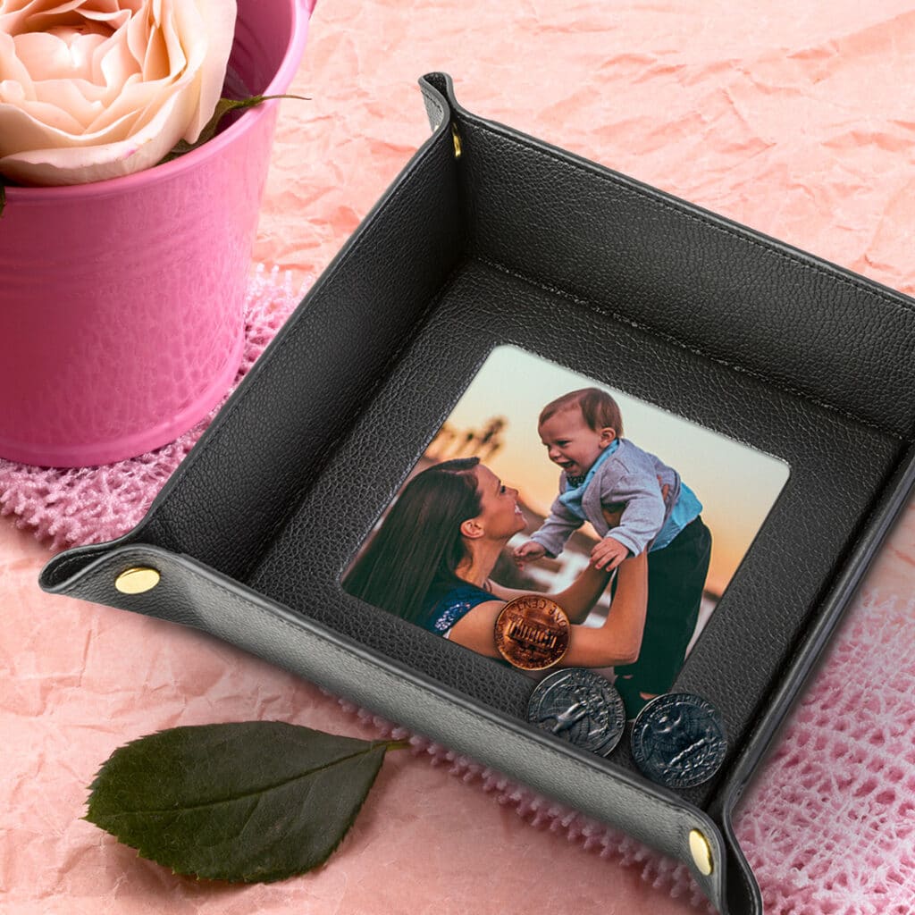 Personalized photo leather valet tray is the perfect dump tray for keys and much more
