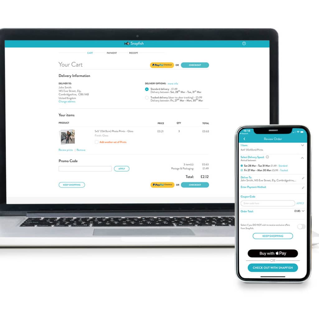 Snapfish order cart page on laptop and phone