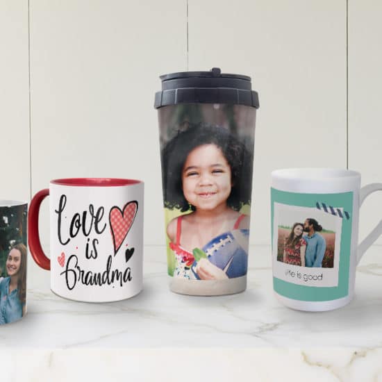 Choose your perfect drinkware and add custom imagery to make personalised mugs