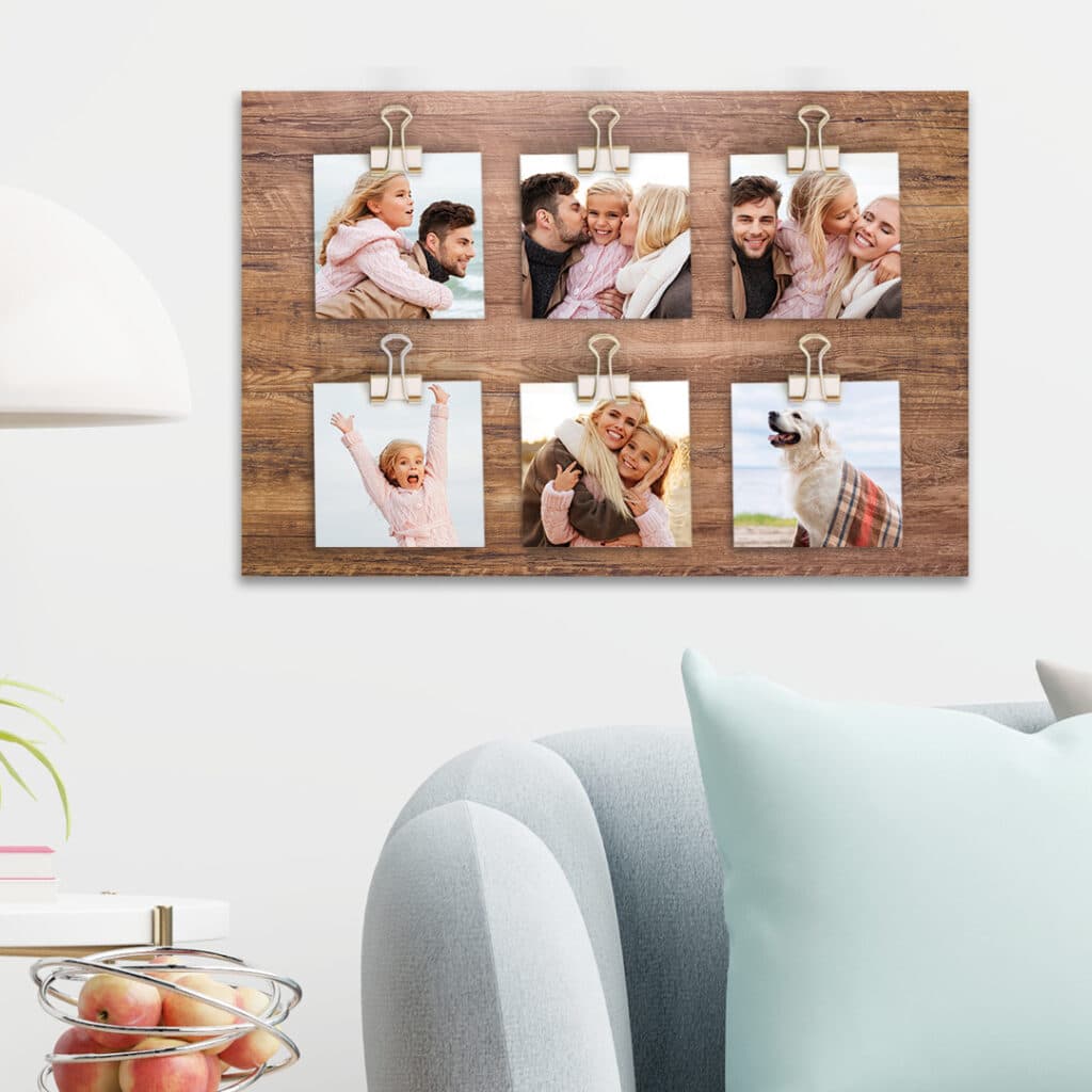 A DIY photo hanger display with photos of a lovely family at the beach