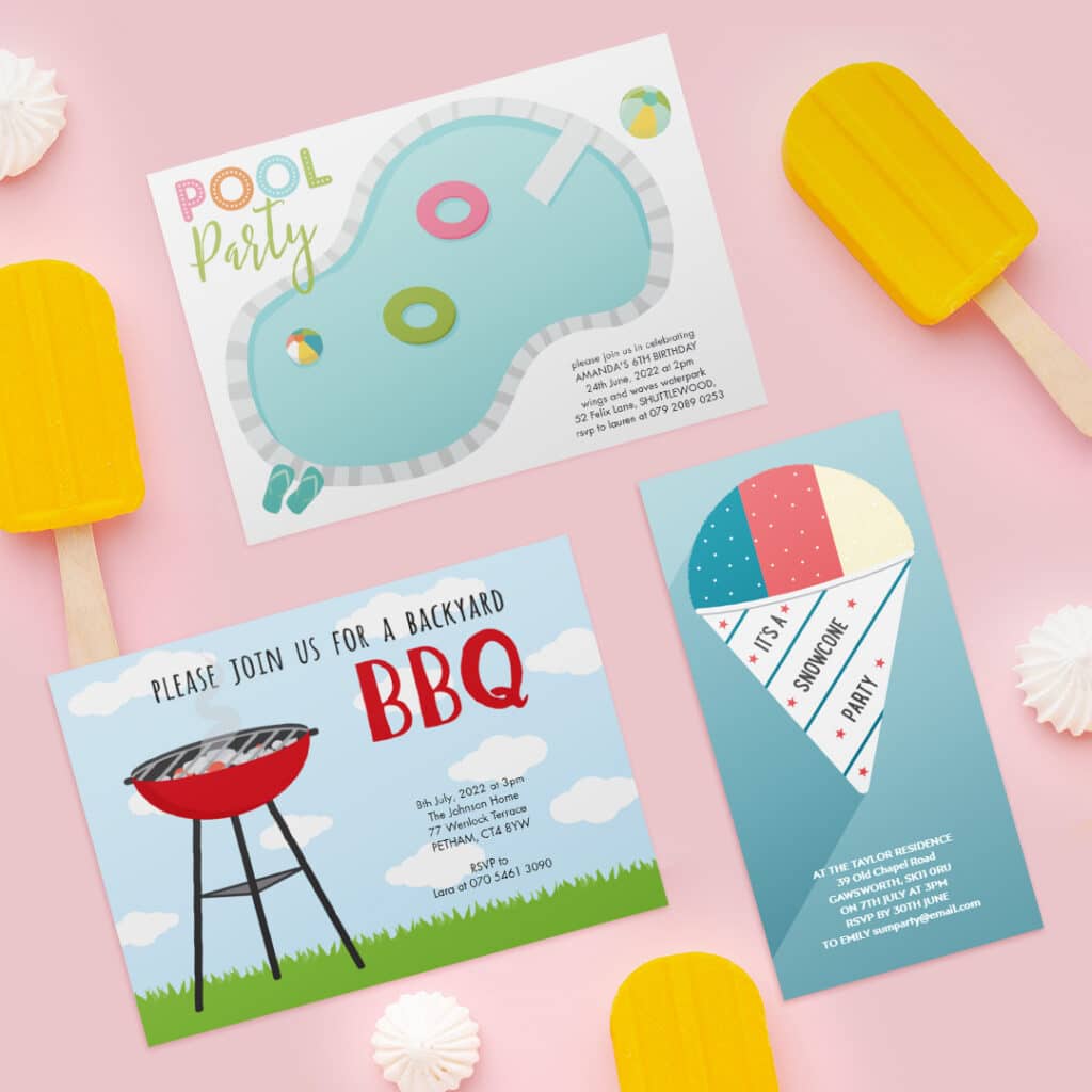 3 personalised pool party invites on a pink surface with yellow ice creams