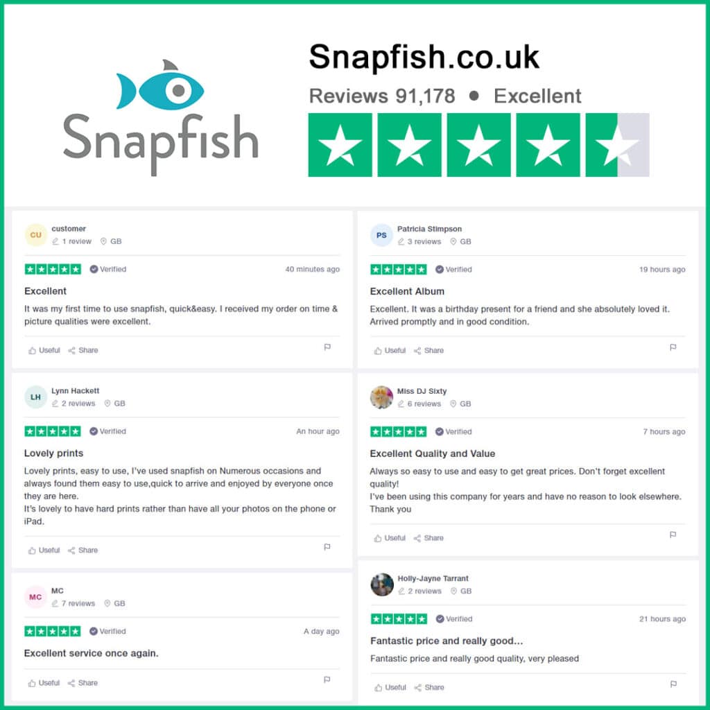 Excellent Trustpilot rating of Snapfish services and a couple of reviews