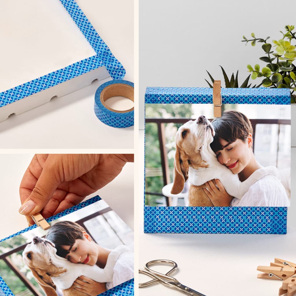 DIY colourful photo frame with a print of a girl and a dog