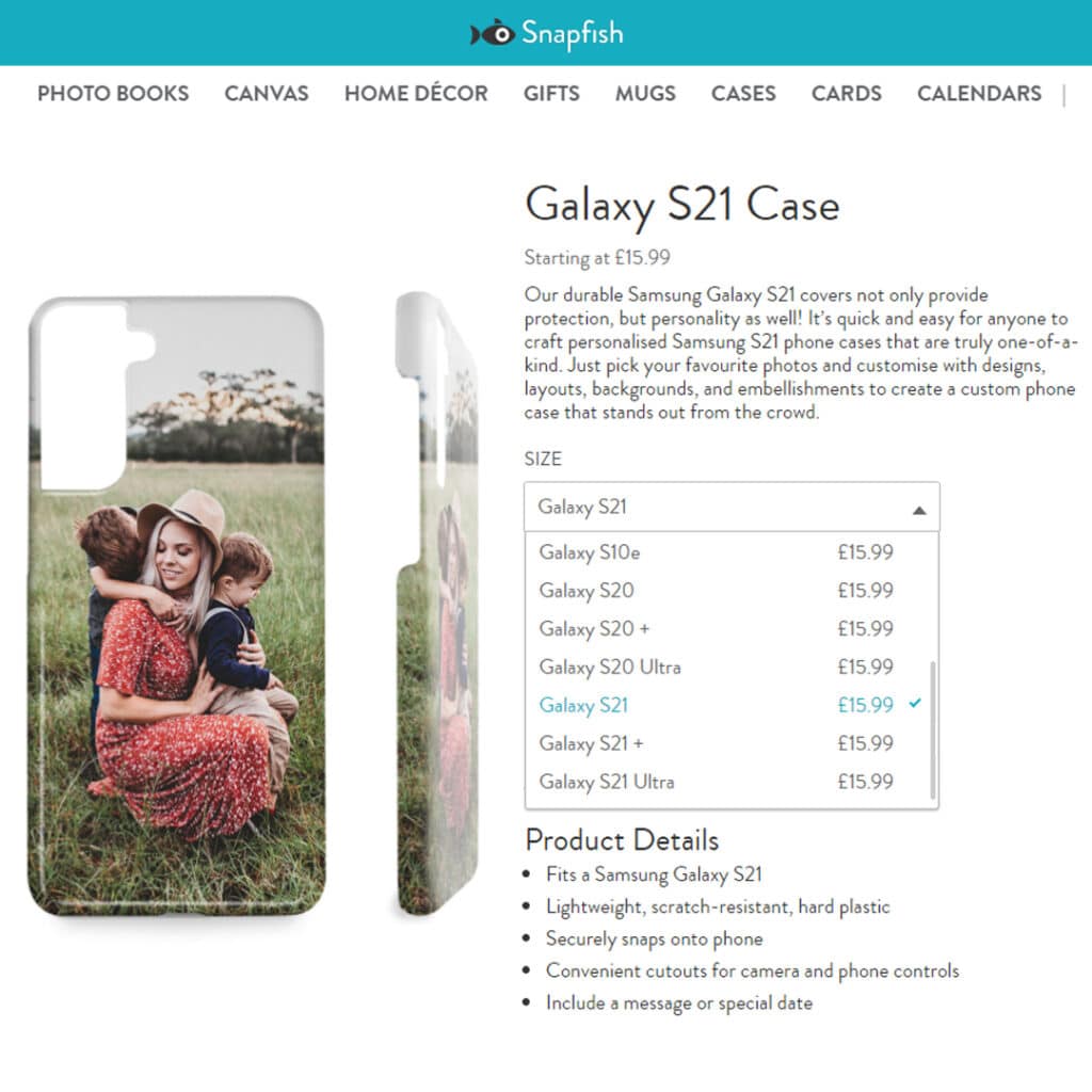 A screenshot of the Snapfish website showing the range of Samsung phone cases available