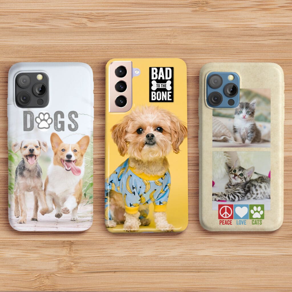 A range of phone cases showcasing the designs with a pets theme that can be made using Snapfish