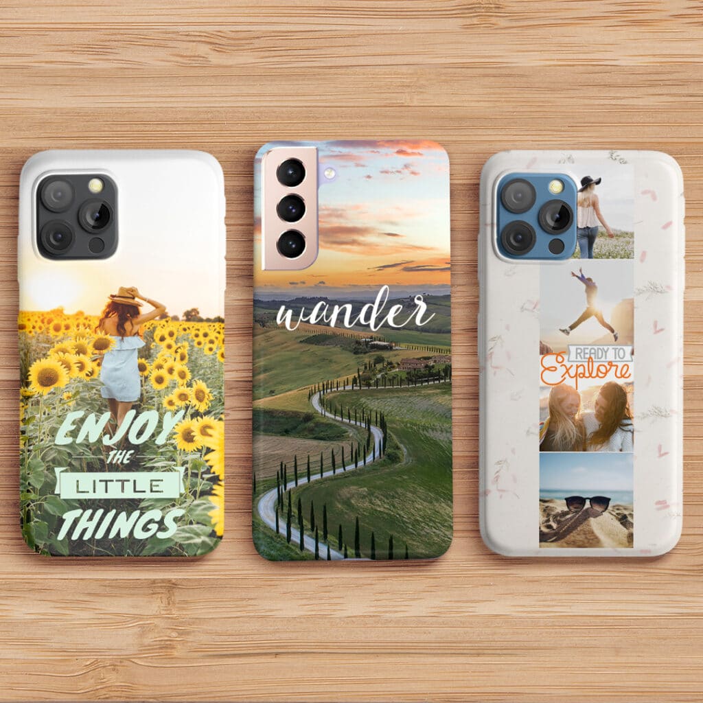 A range of phone cases showcasing the designs with a travel theme that can be made using Snapfish