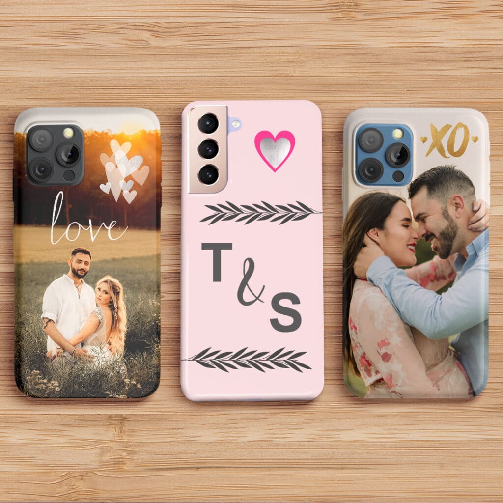 A range of phone cases showcasing the designs with a love theme that can be made using Snapfish