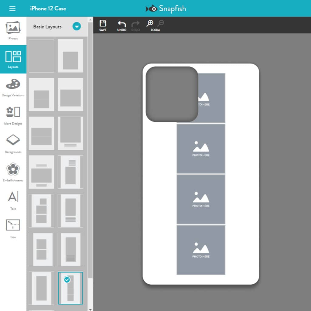 A screenshot of the Snapfish builder showing one of the multiple photo layouts available on phone cases