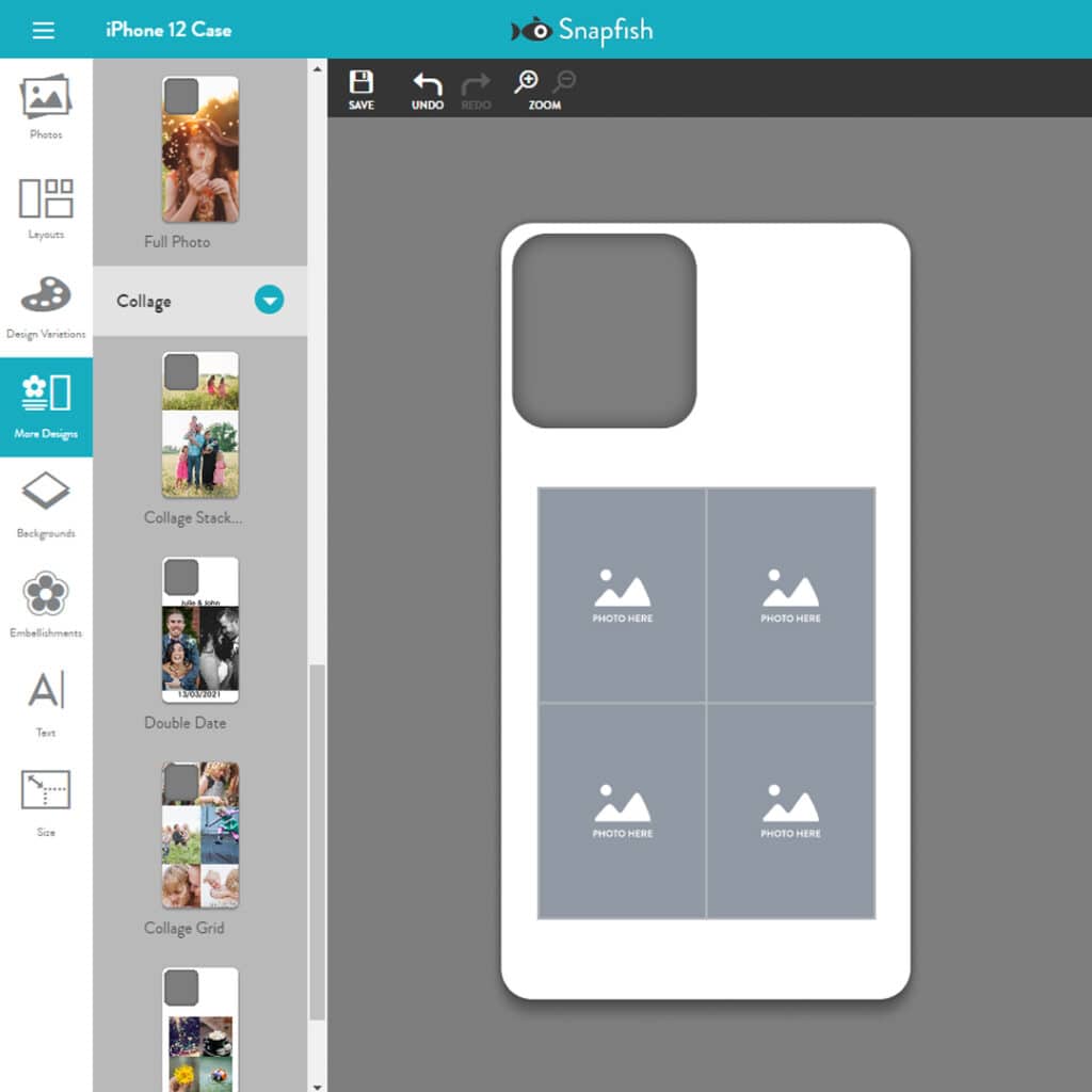 A screenshot of the Snapfish builder showing one of the multiple photo layouts available on phone cases