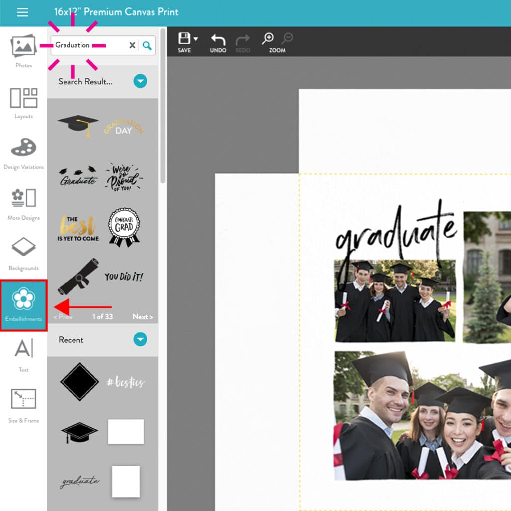 Image showing you you embellish graduation gifts in the Snapfish builder with clip art