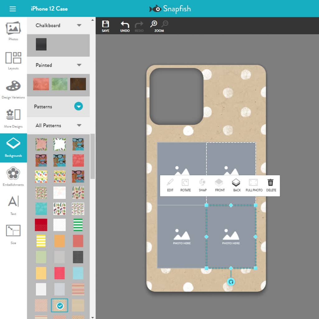 A screenshot of the Snapfish builder with a background added to the phone case design