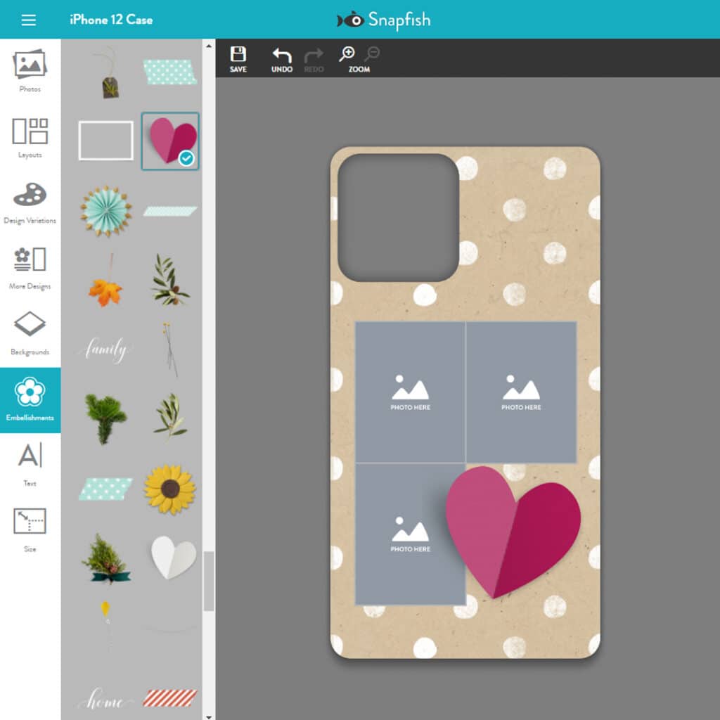 A screenshot of the Snapfish builder with embellishments added to the phone case design