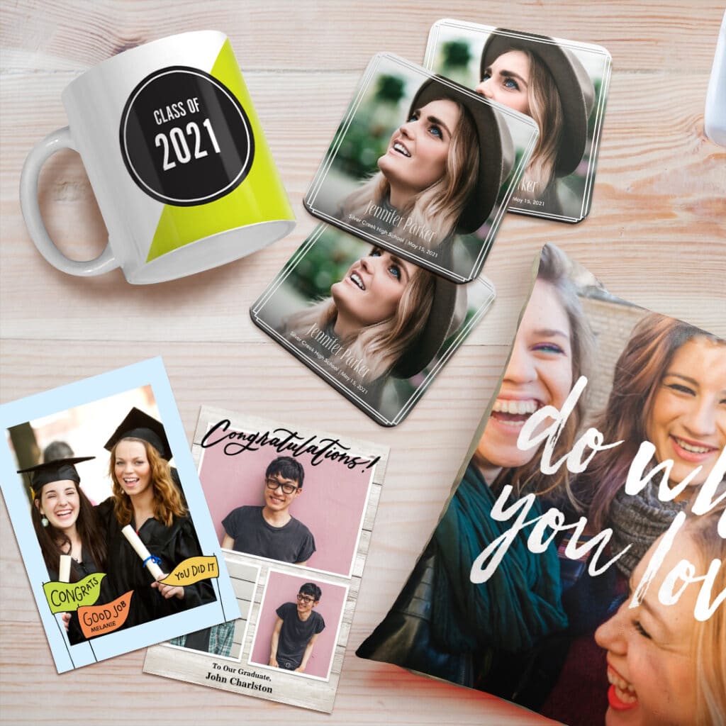Selection of personalised Graduation photo gifts printed with Snapfish embellishments