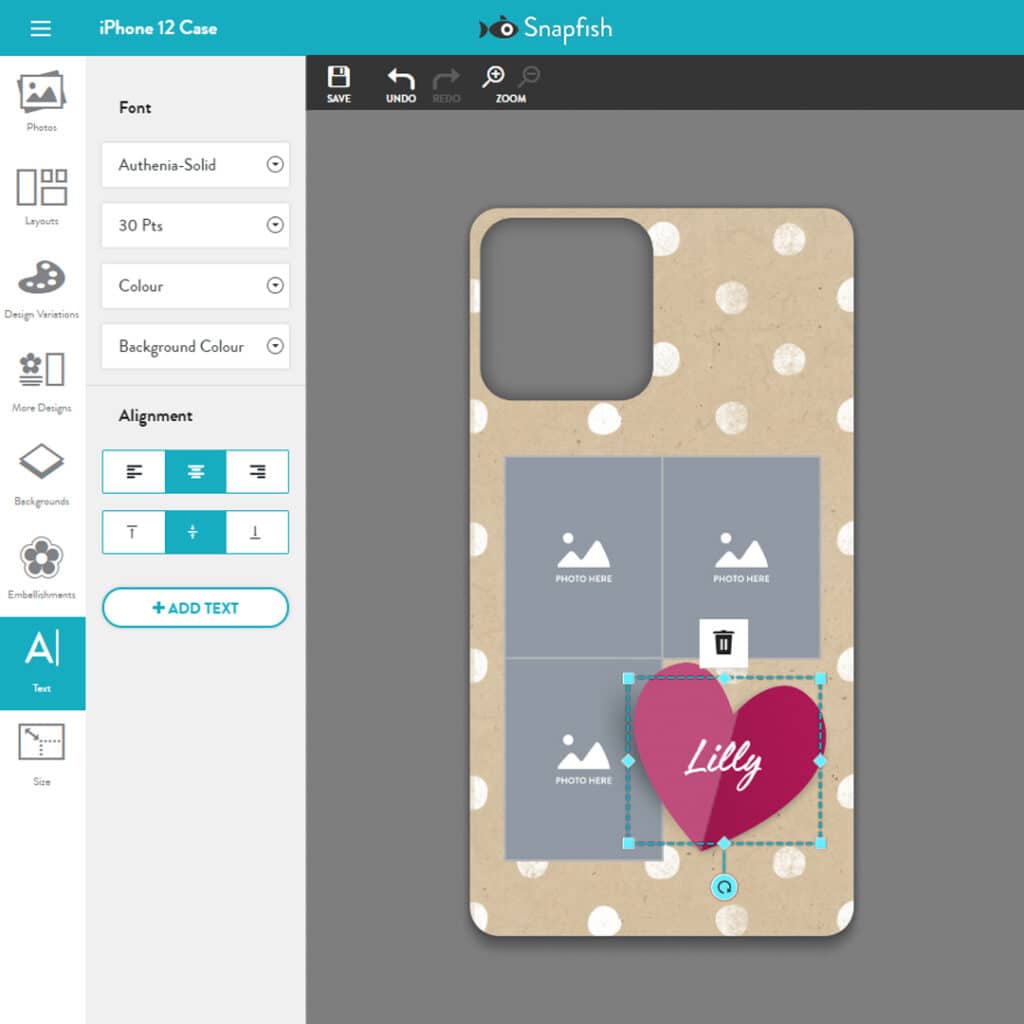A screenshot of the Snapfish builder with text added to the phone case design