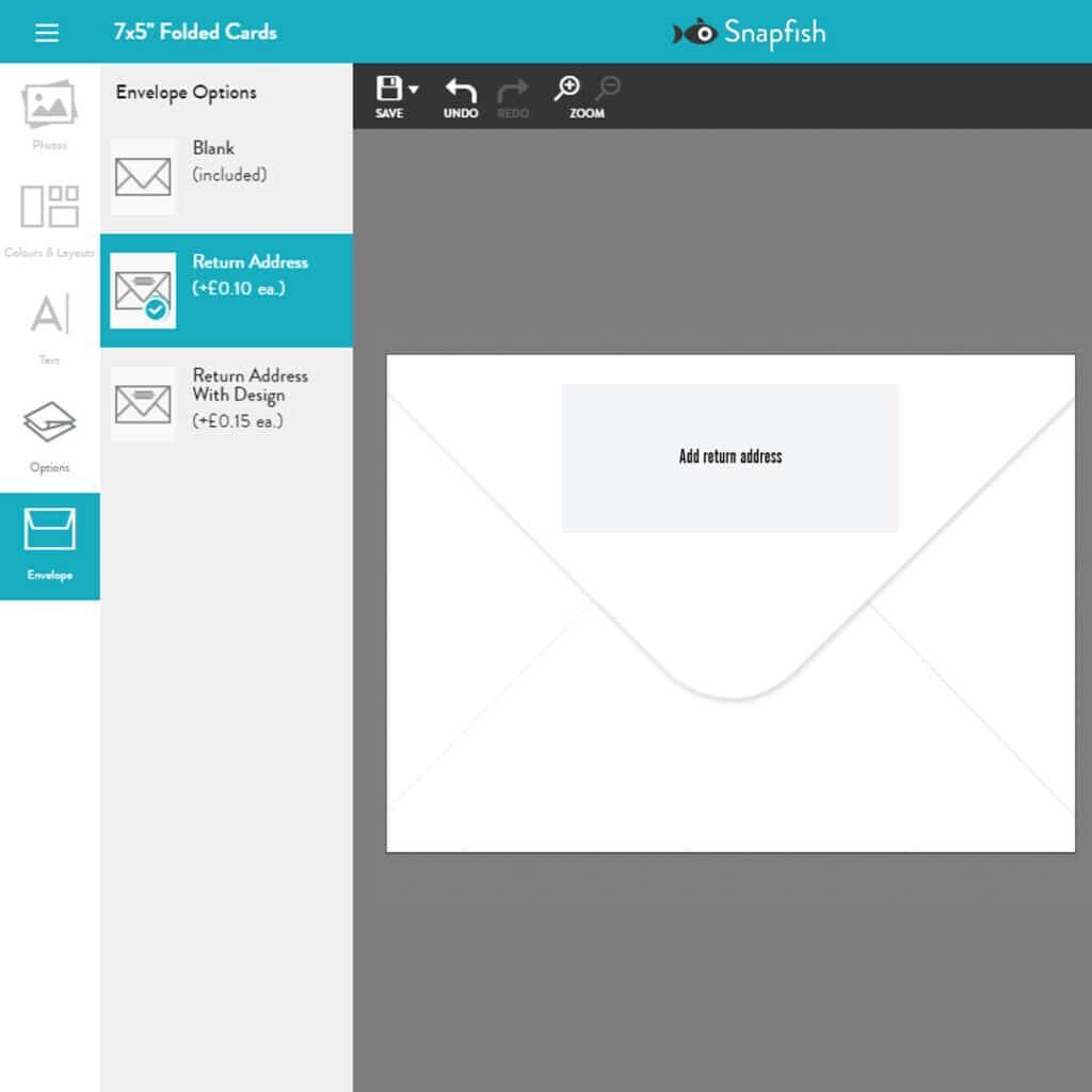 A screenshot showing how to add a return address to an envelope on Snapfish