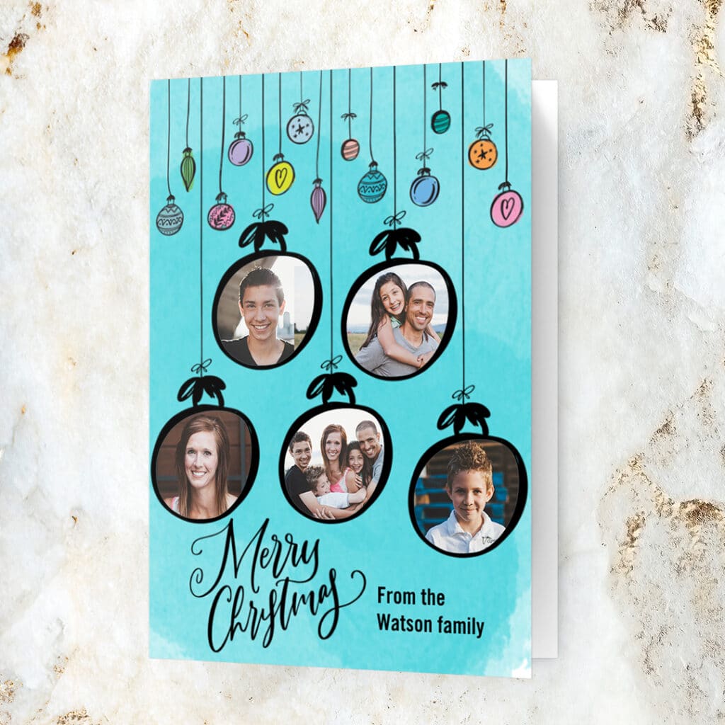 Colourful Baubles Christmas card design is a modern collage layout for family photos
