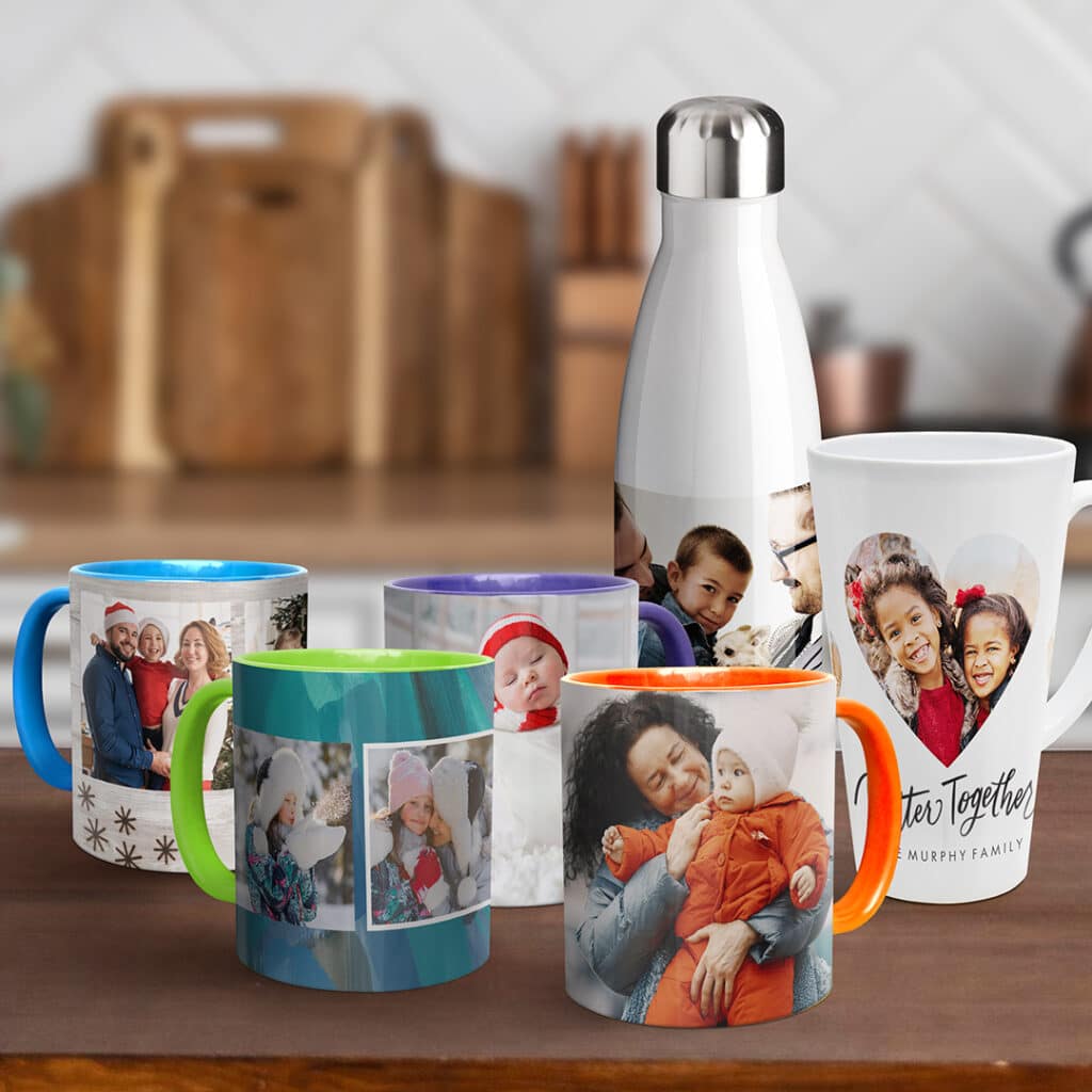Customise mugs + water bottles with photos + text