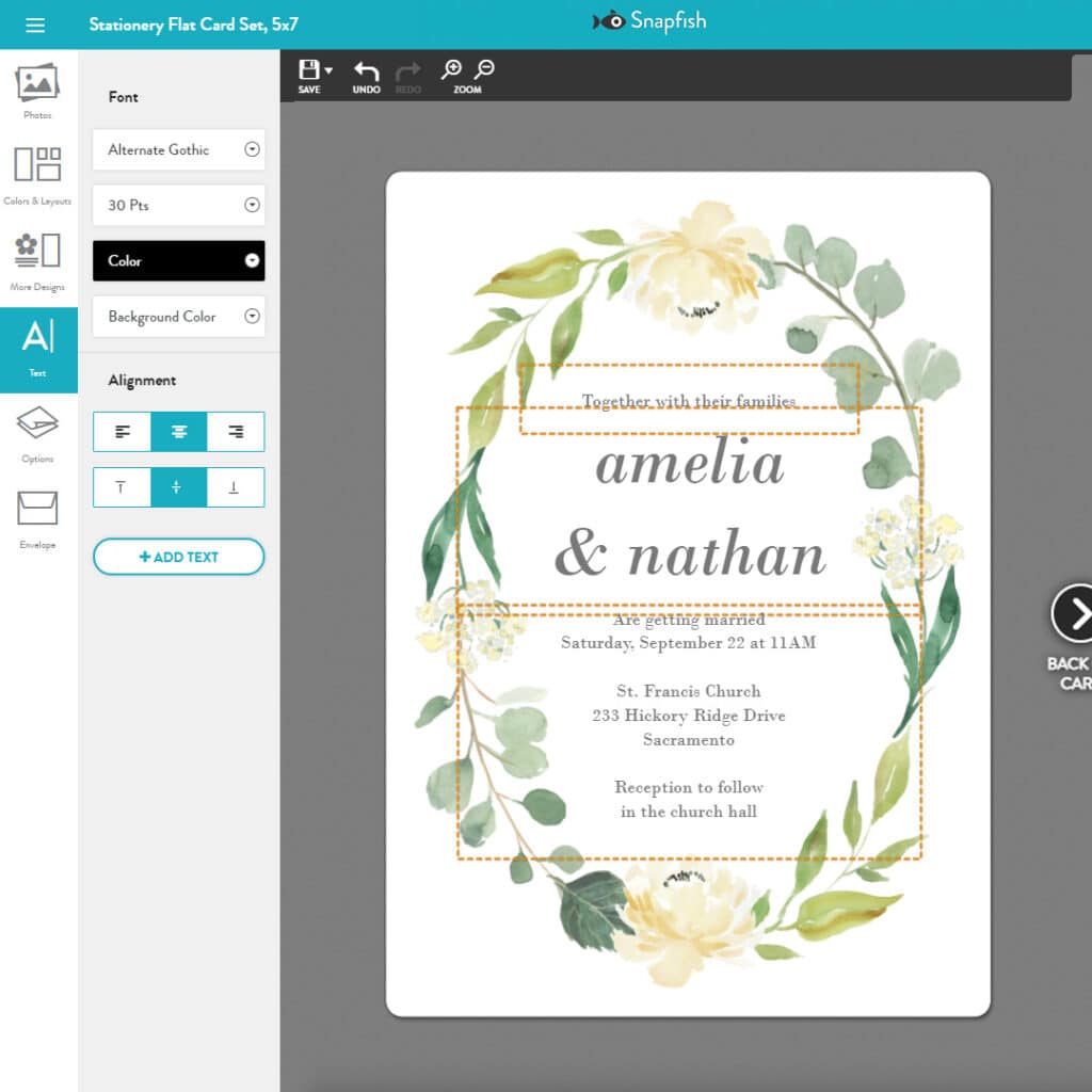 Screenshot of our builder showing how to personalize your Bountiful Garland Wedding Invitations