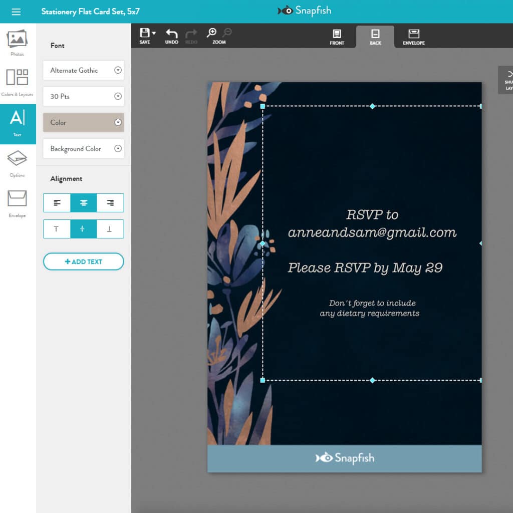 Screenshot of our builder showing options to personalize the back of your Dark Florals Wedding Invitation
