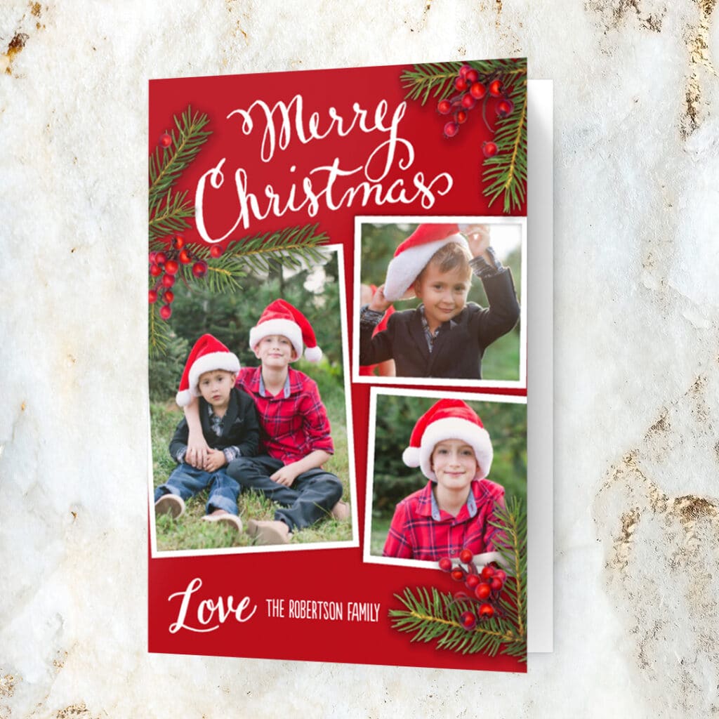 Rustic Pine Snapshot Collage Christmas Card design. Add photos to personalise