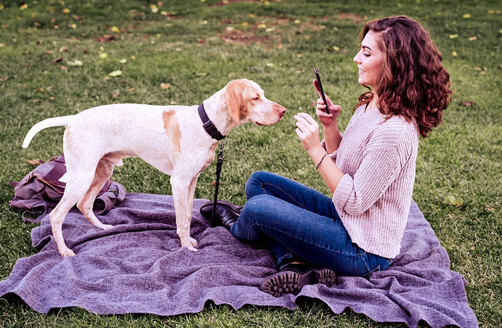 Woman sitting in a park on a purple blanket, taking photos of her dog.
