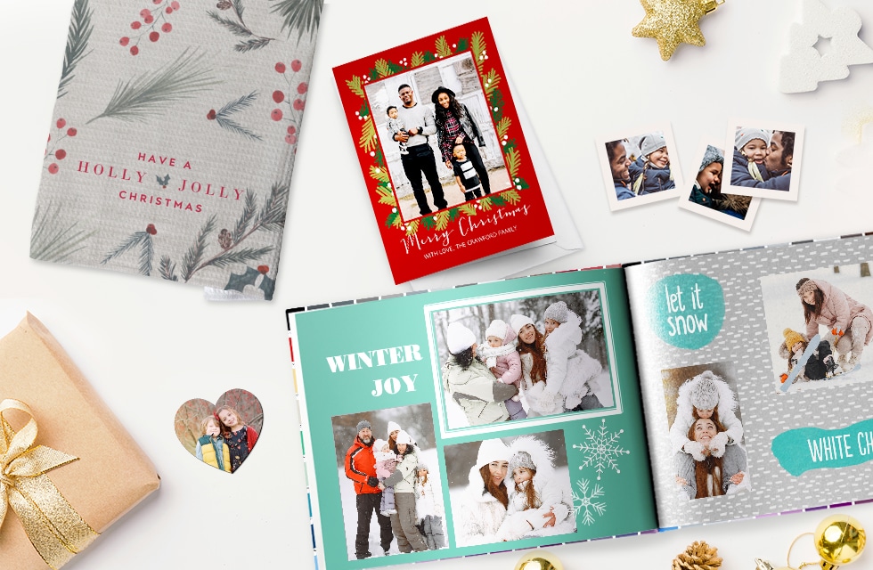 Customise Christmas gifts and cards with photos + text using easy Snapfish design tools