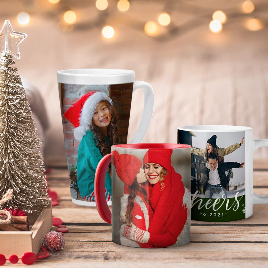 a selection of personalised Christmas mugs