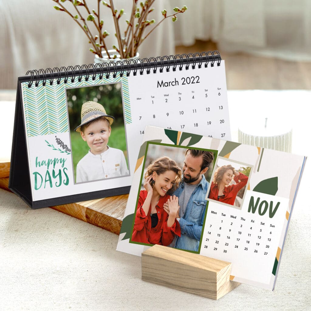 desk calendar and wood block calendar with beautiful images of a couple shown on a table with candles and flowers