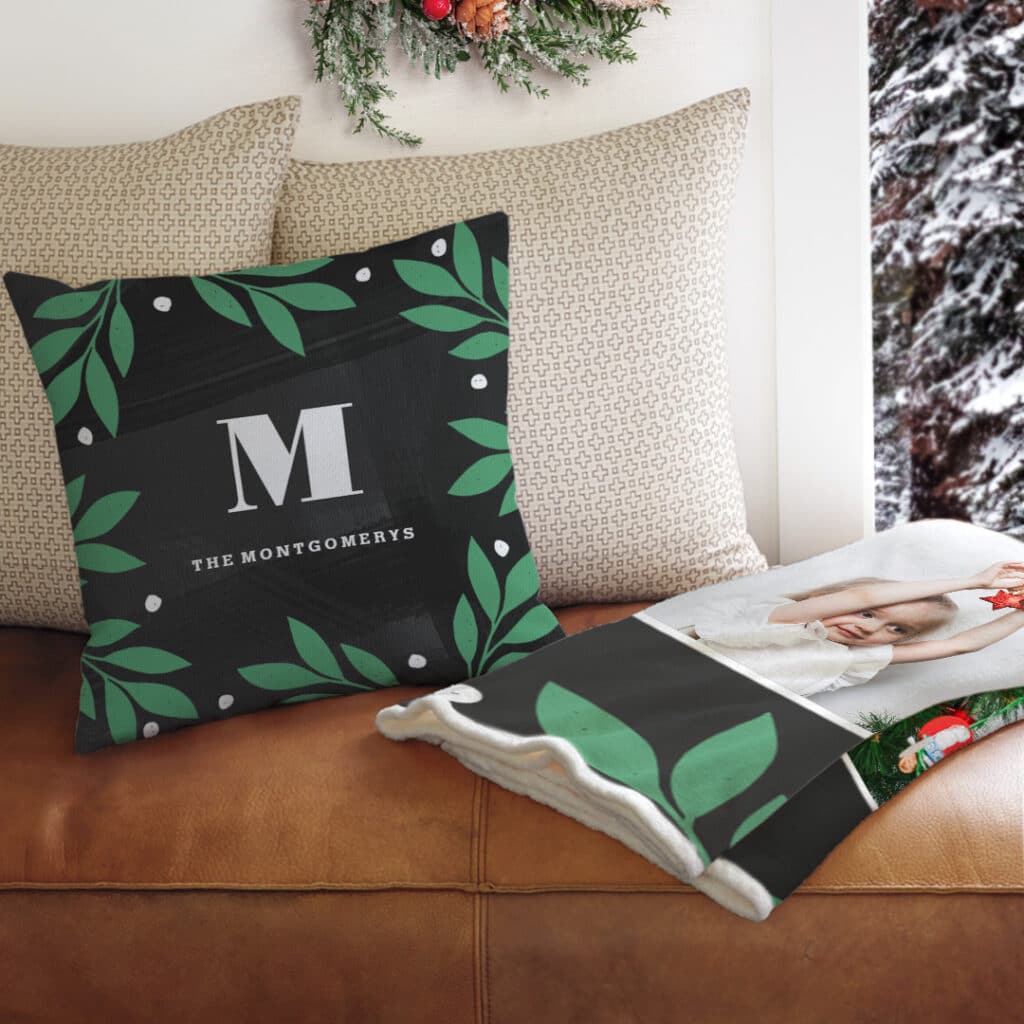 Matching personalized Christmas pillow and blanket