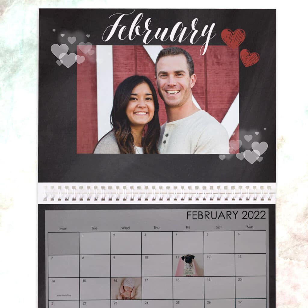 the month of February shown on a wall calendar printed on a stylish monochrome background