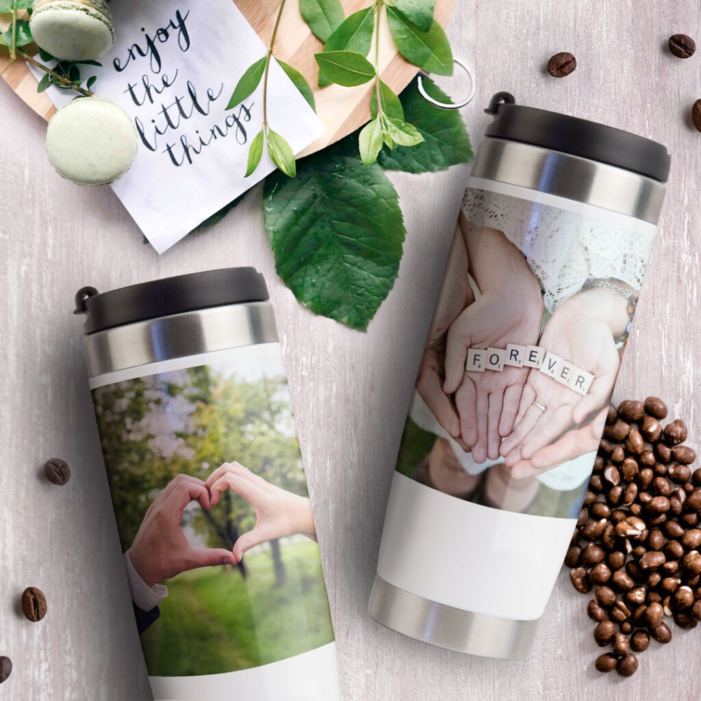 Customized travel mugs printed with photos and text