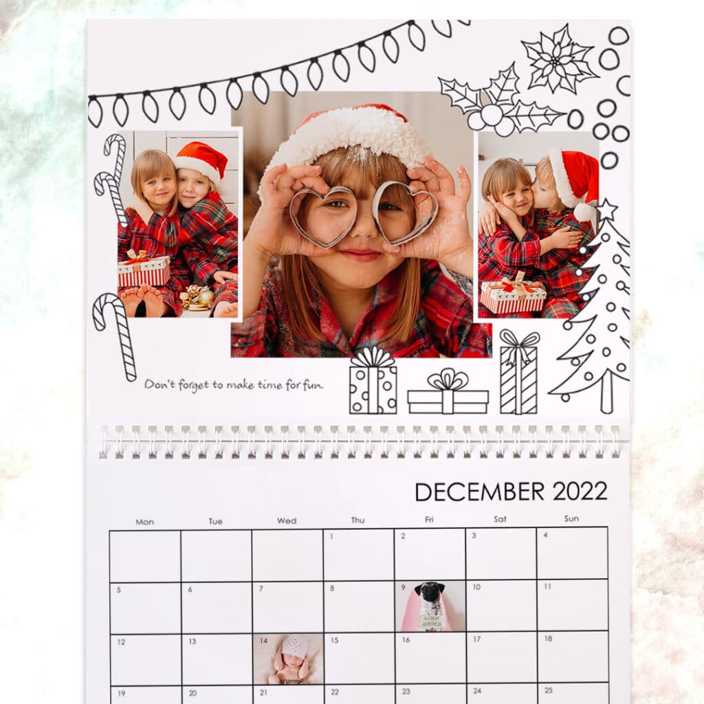 the month of December shown on a wall calendar which can be hand coloured by kids and adults alike.