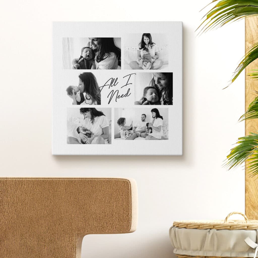 a square canvas with stylish black and white photos of a young family