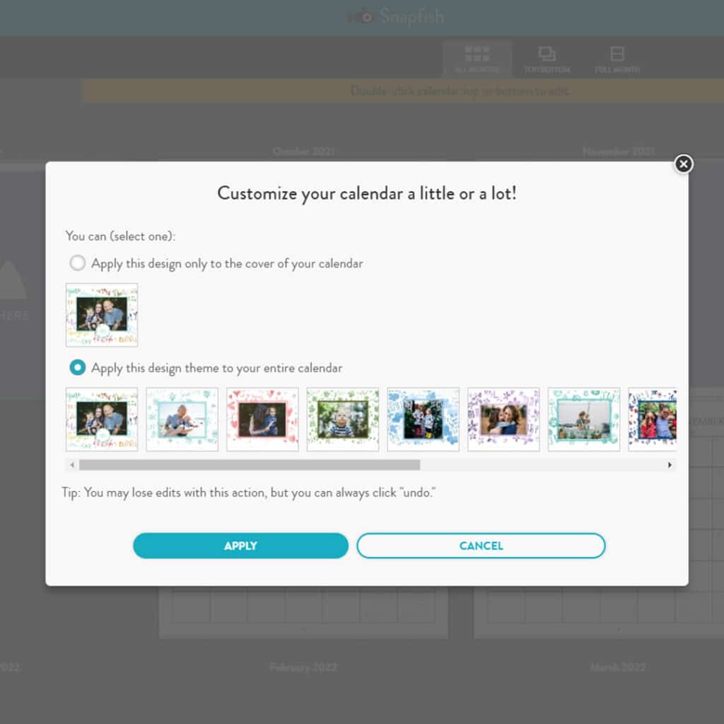 Applying a calendar design theme in the Snapfish online calendar builder