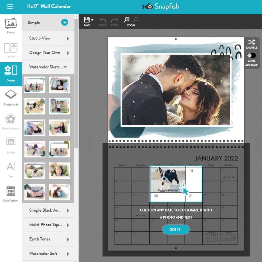 Choosing the photo for the chosen calendar design in the Snapfish online calendar builder