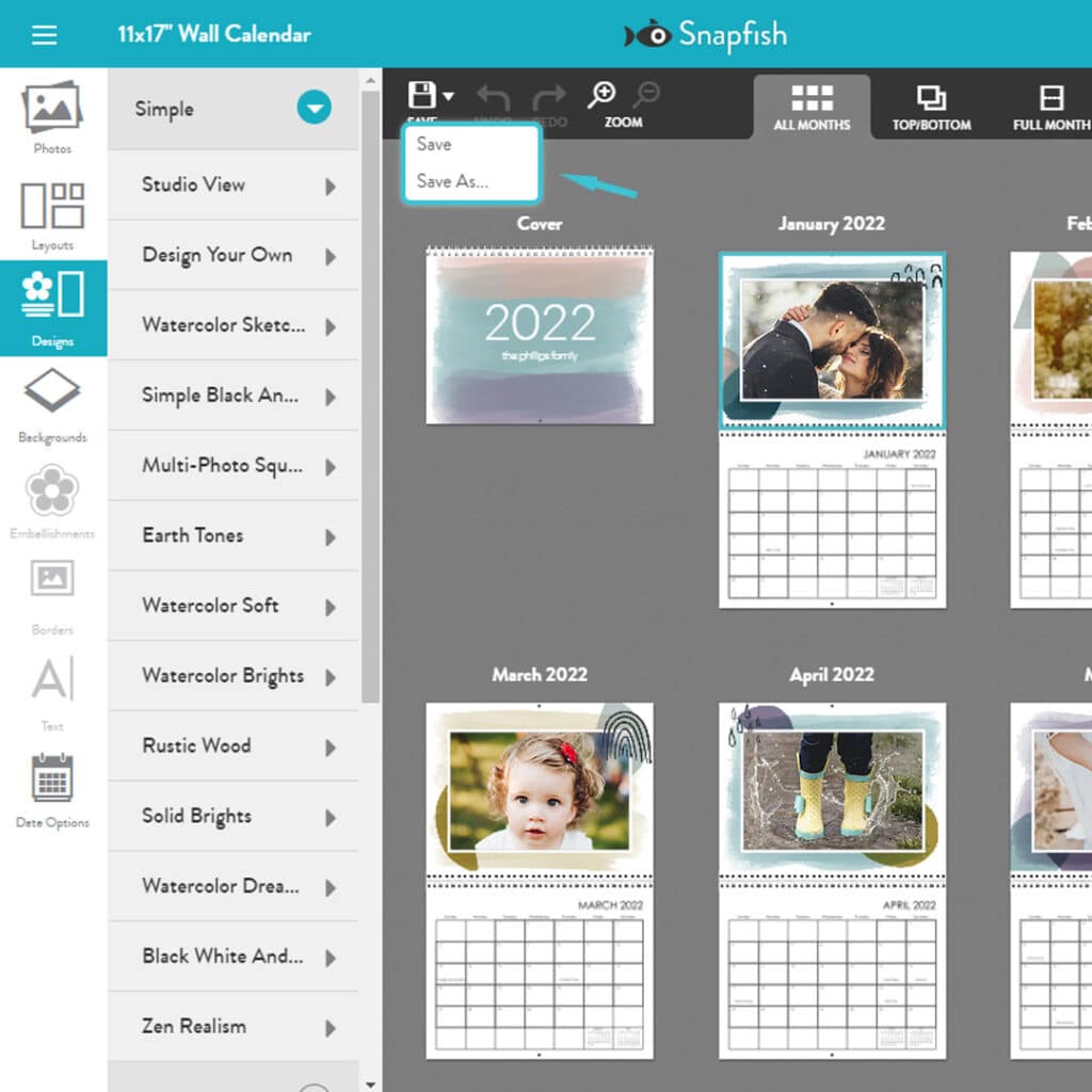 Saving a calendar design created in the Snapfish online calendar builder