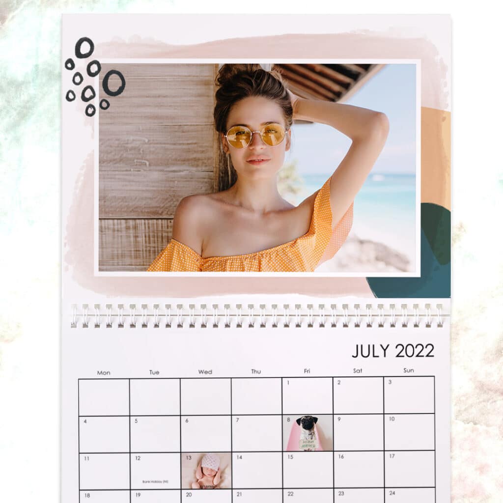 the month of July shown on a wall calendar with Watercolour Sketchbook design and customised special dates