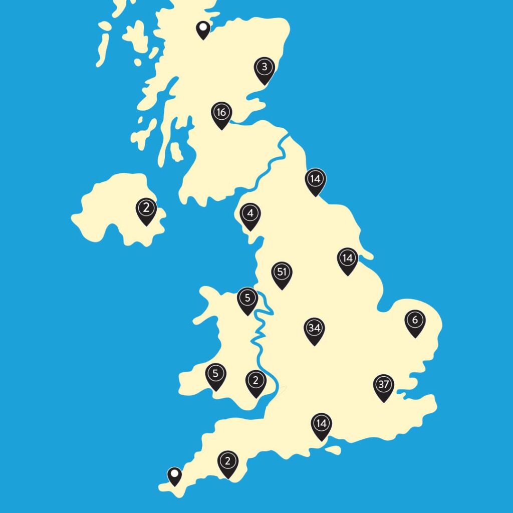 map of main pickup locations in the UK