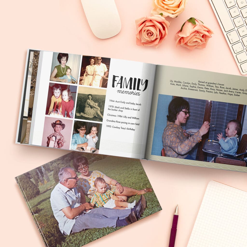 Share your family history with a photo book printed with key family documents and photos