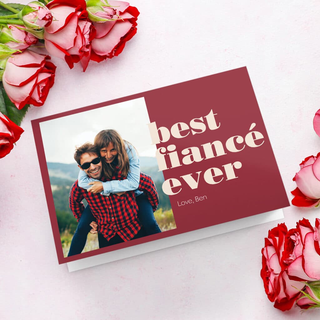 'Best fiance ever' Valentine's day card design with a photo of a couple laughing