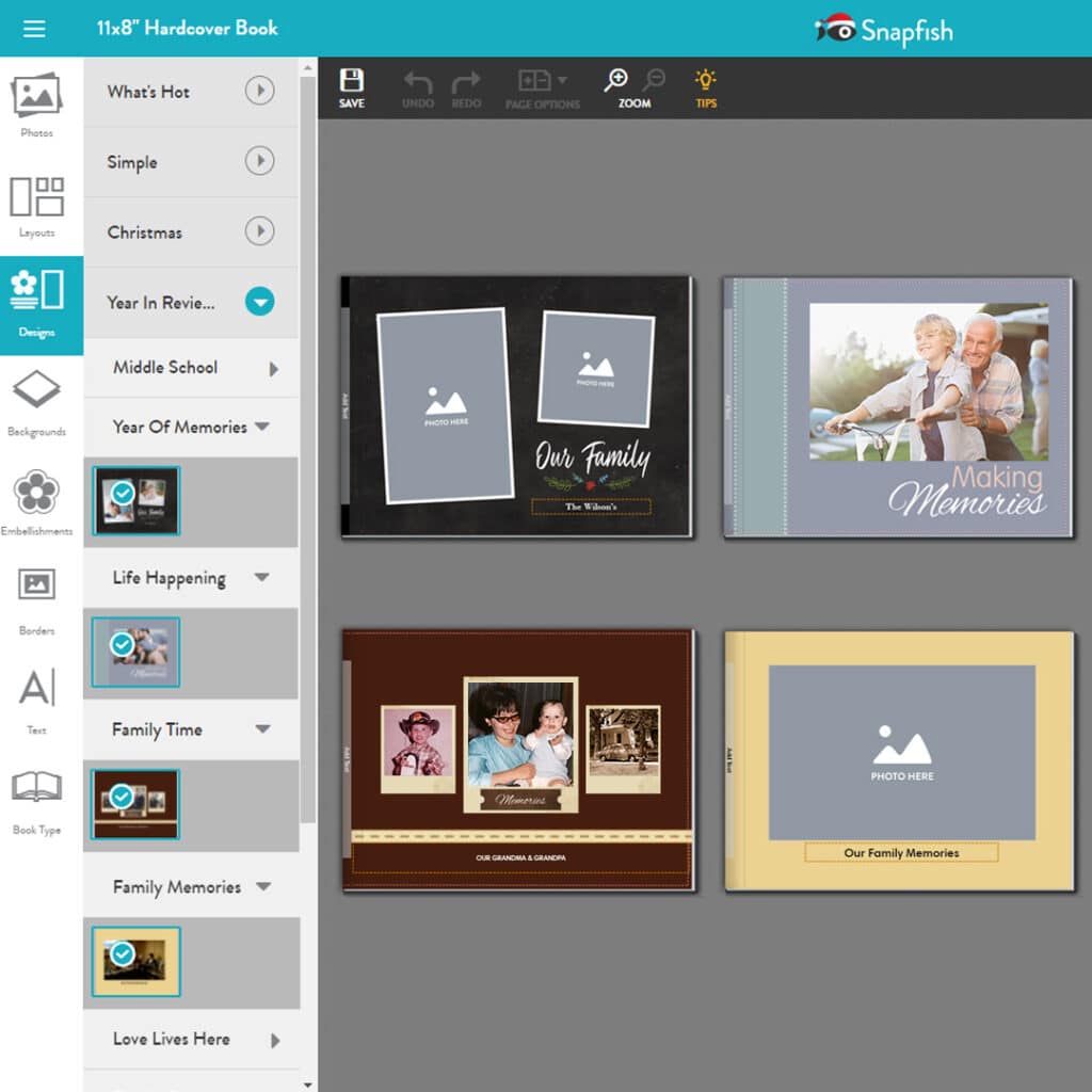 a variety of photo books designs shown in the Snapfish online photo books builder