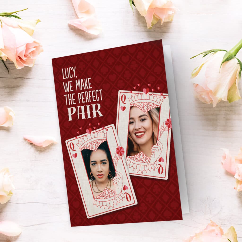 A fun, red card design for Valentin's day with the message 'We make the perfect pair'