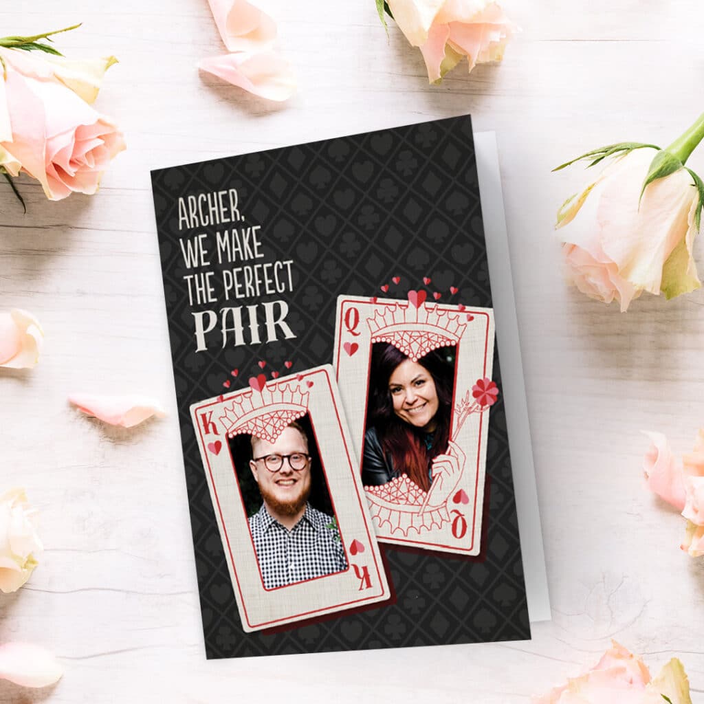 A fun, gray card design for Valentin's day with the message 'We make the perfect pair'