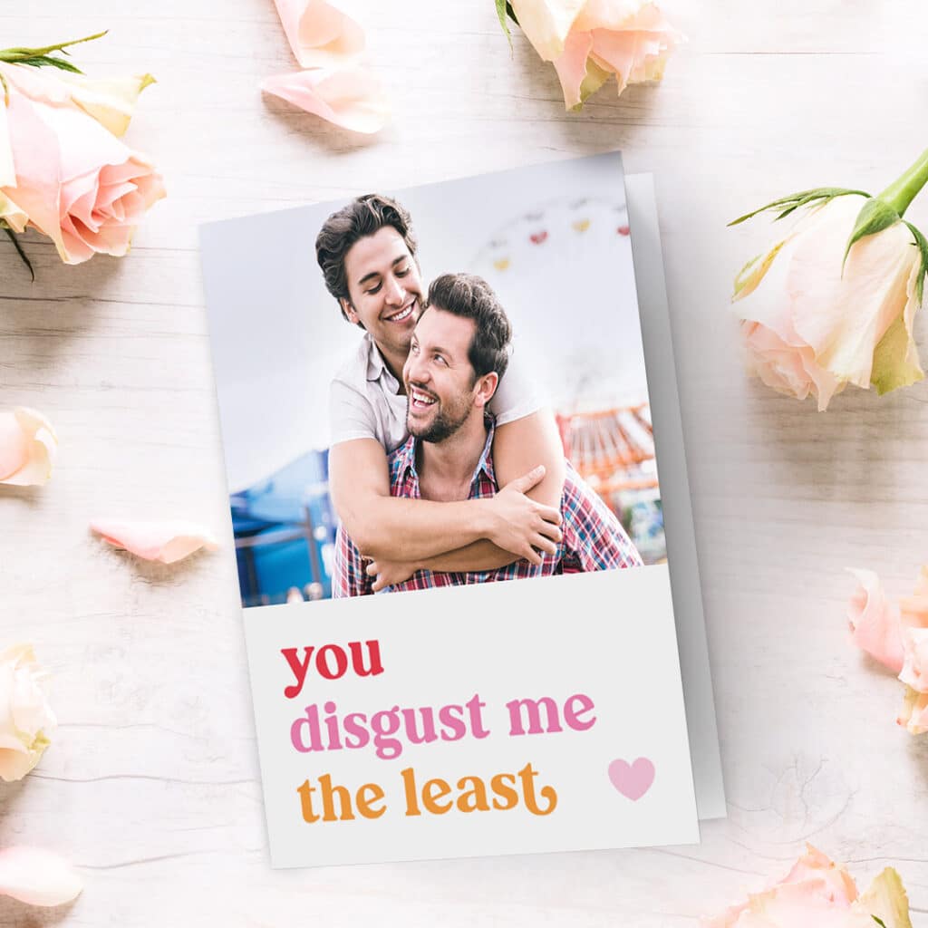A funny 'You disgust me the least' Valentin's day card design with a photo of a lovely man couple