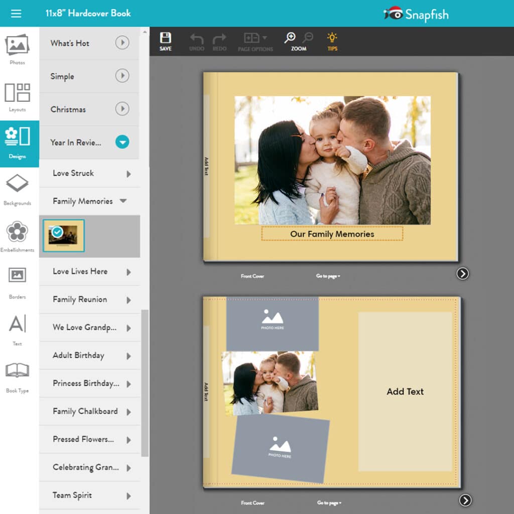 steps how to amend photo books cover shown in the Snapfish online photo books builder