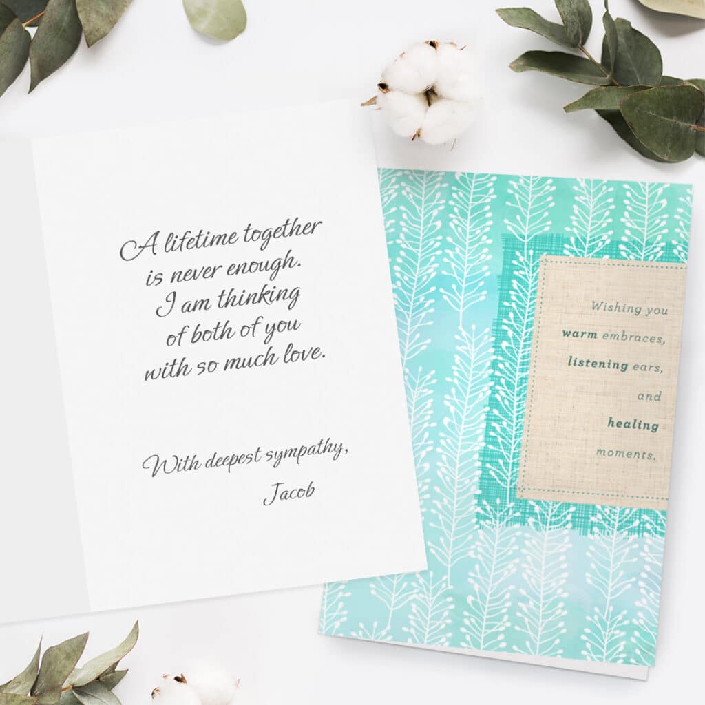 A beautiful sympathy message written in a turquoise condolence card