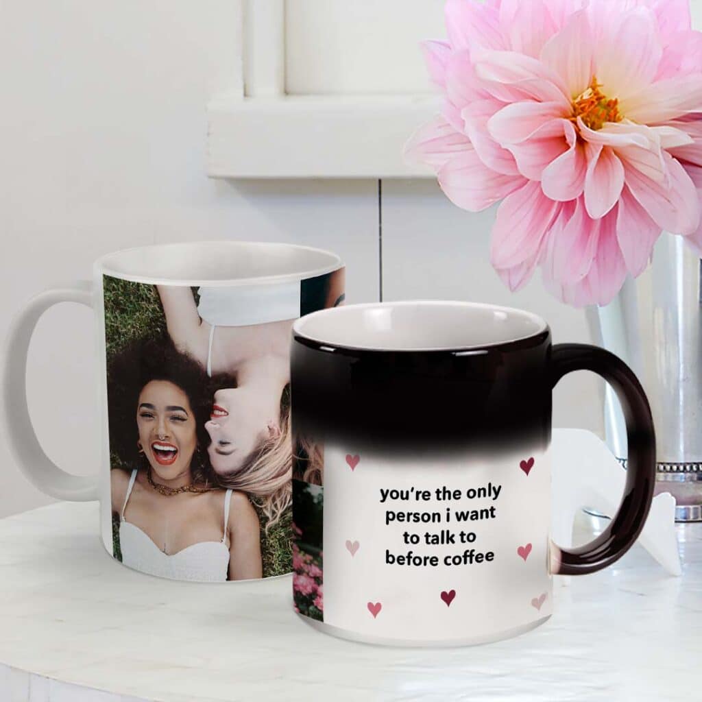 Valentines themed magic and regular mug on white table